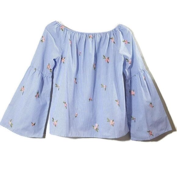 𝅺Gypsies & Moondust Blue & White Stripe Floral Embroidered Bell Sleeve  Top - Picture 3 of 8